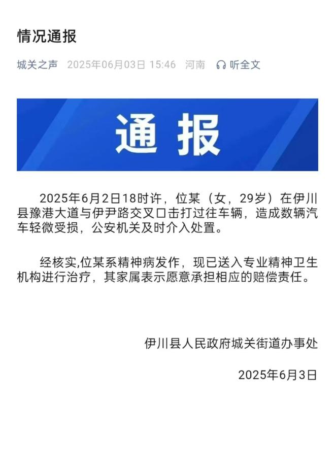 车通报：系精神病发作家属愿意承担赔偿冰球突破网站女子持械当街打砸多辆轿(图2)